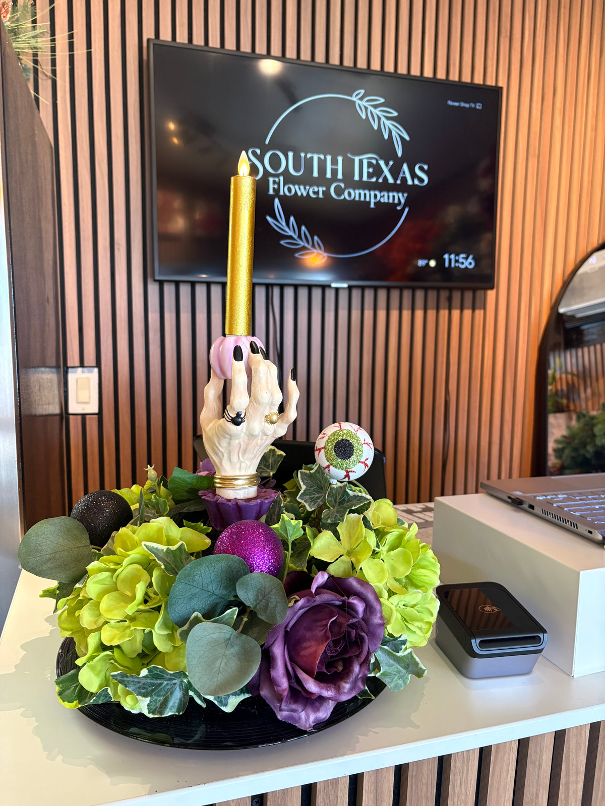 Halloween hand with a flicker candle centerpiece